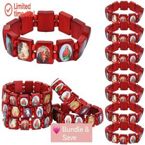 12 Pc Wood Stretch Bracelets Jesus Virgin Mary Saints Religious Gift Set